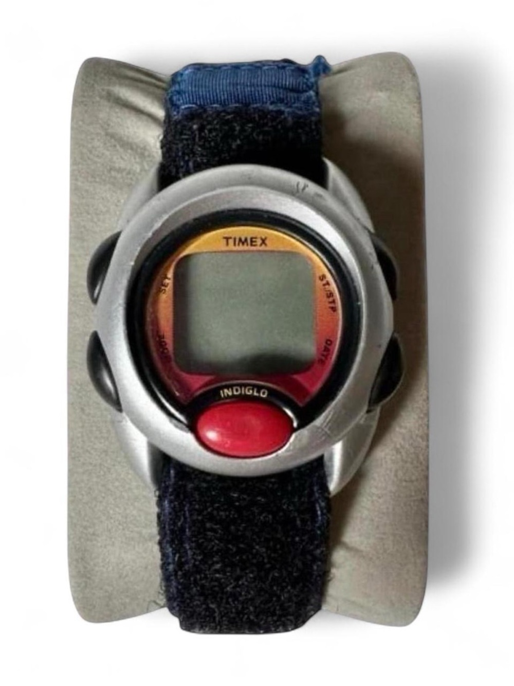 Vintage Timex Indiglo Silver Digital Sport Watch with Red Accent